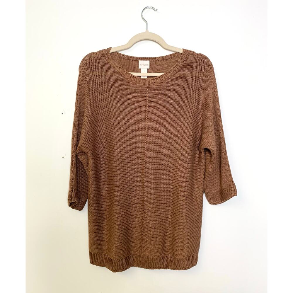 Chicos Brown Knit Sweater Womens Size Medium 3/4 Sleeve Lightweight Fall Cottage